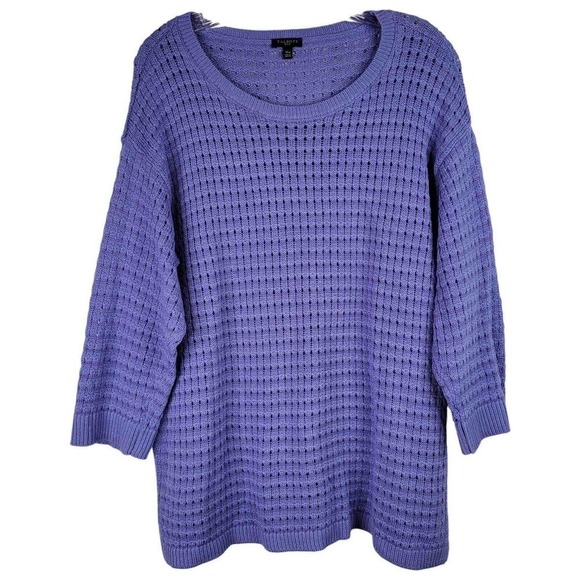 Talbots Sweater Size XLP Blue Purple Open Knit Pullover 3/4 Sleeve Cotton Lyocel - Picture 2 of 10